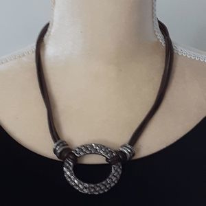 Chico’s Bronze Tone Basket Weave Pendant Necklace Brown Faux Leather Cord